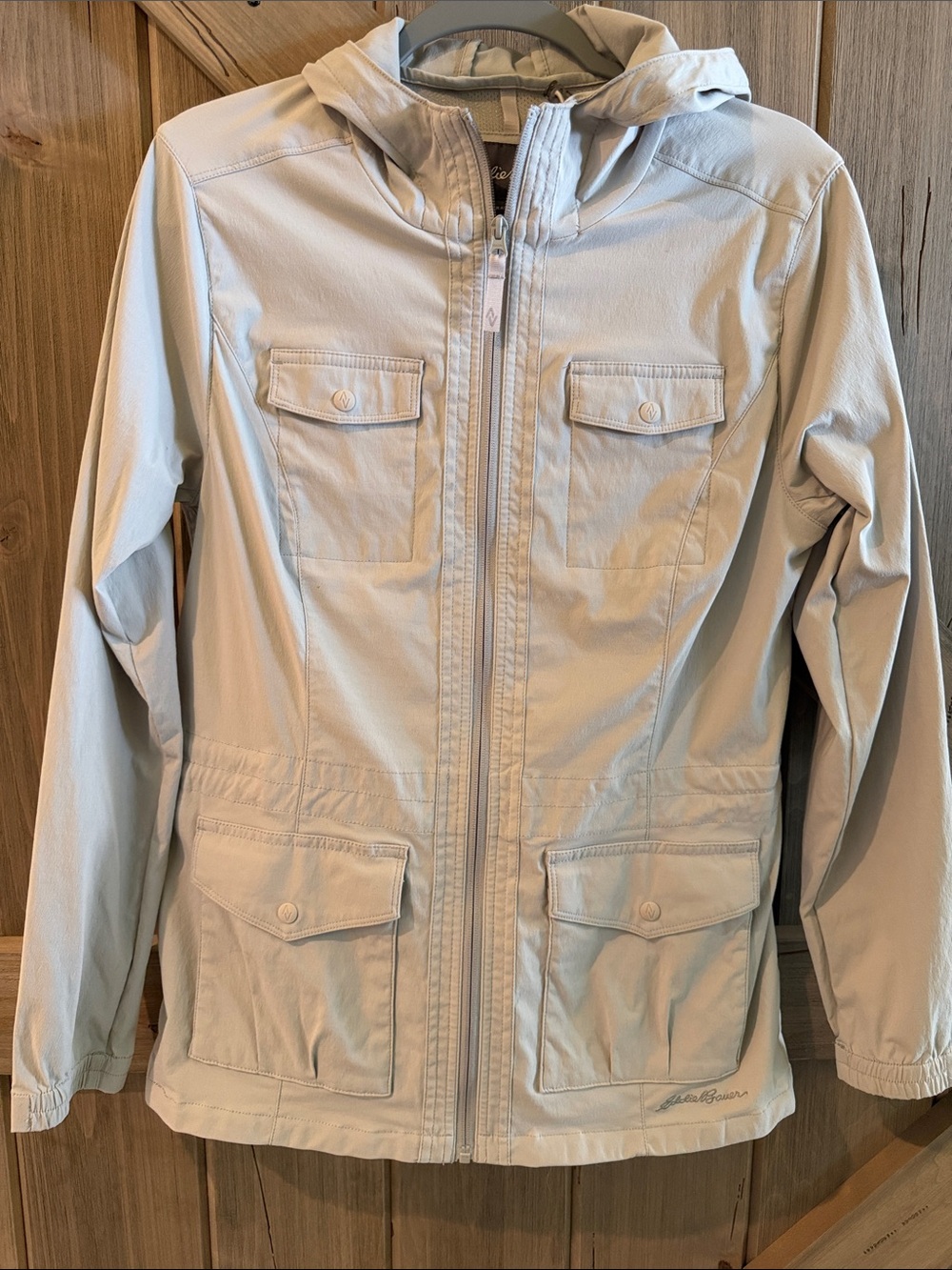 Eddie Bauer Light Gray Hooded Utility Jacket women’s Size L